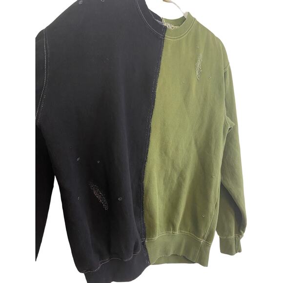 La Detresse Half & Half Pullover Sweatshirt Crew Neck Green Black Size Small - Picture 9 of 11